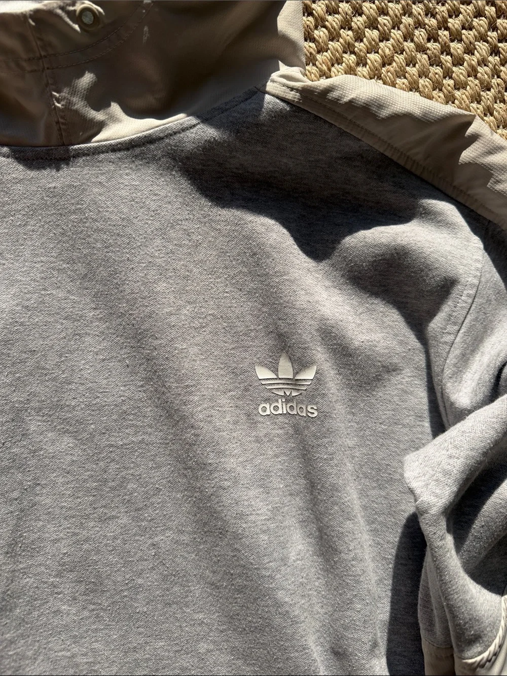 adidas Men’s Grey Hooded Pullover with Light Tan Sleeve Panels size large